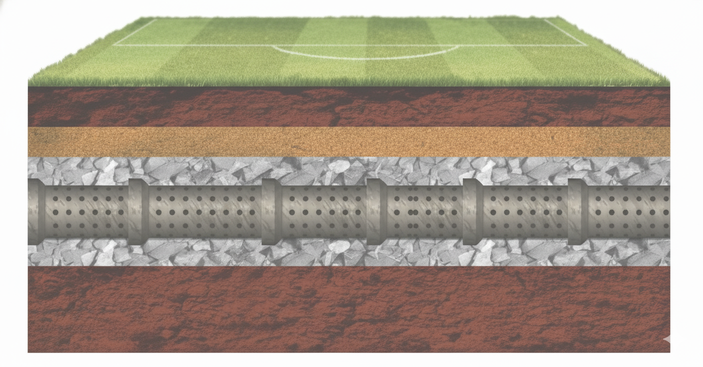 Corte transversal de un campo deportivo mostrando las diferentes capas y el tubo de drenaje perforado